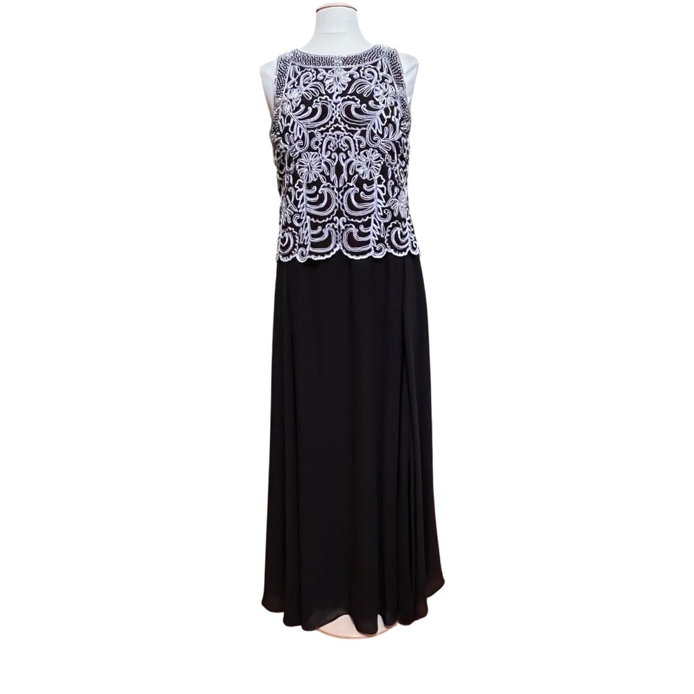 J Kara Black Formal Gown White Beaded Bodice Sleeveless Floor Length Scarf Sz 14